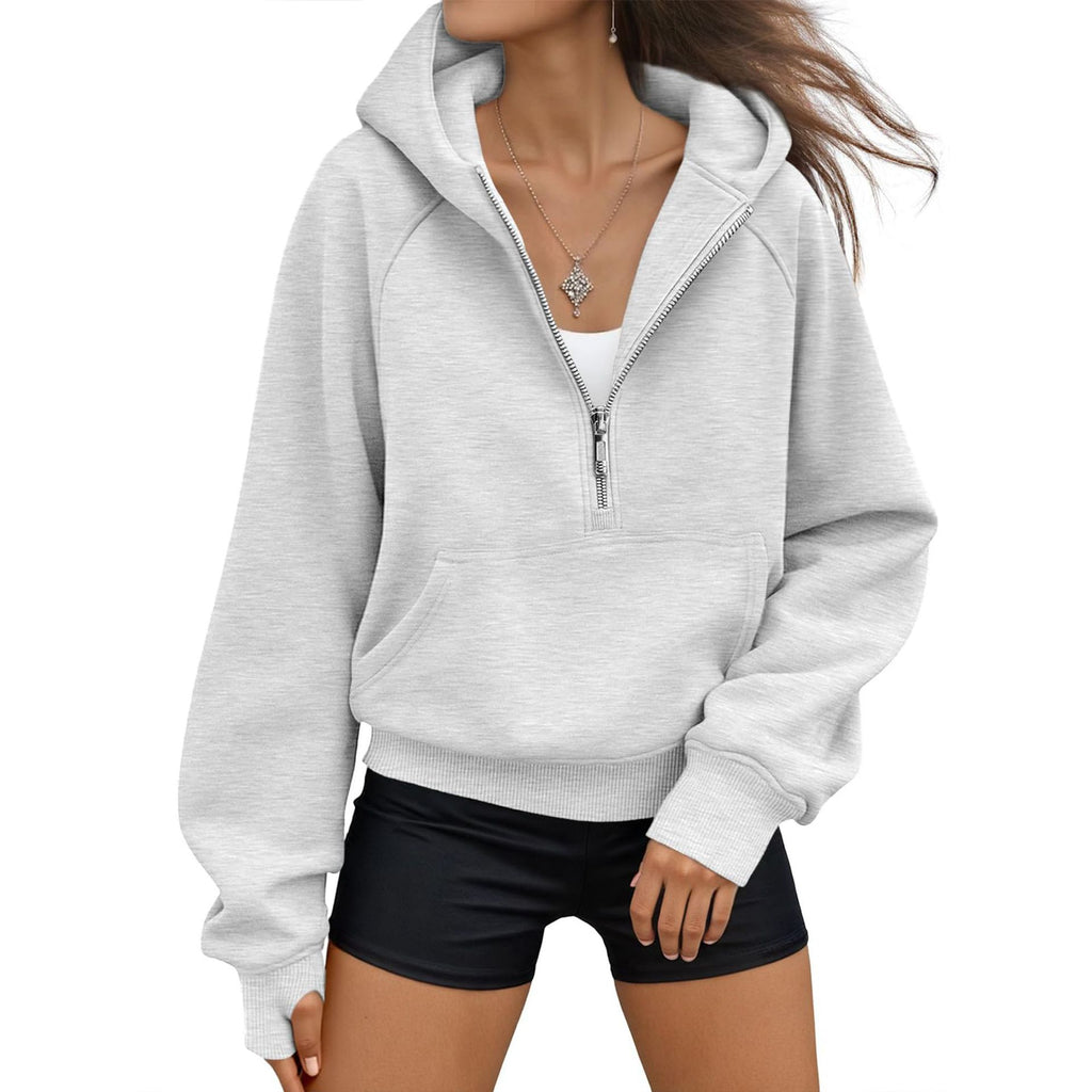 New Autumn/Winter Hooded Half-Zip Solid Color Casual Long-Sleeve Sweatshirt for Women 484