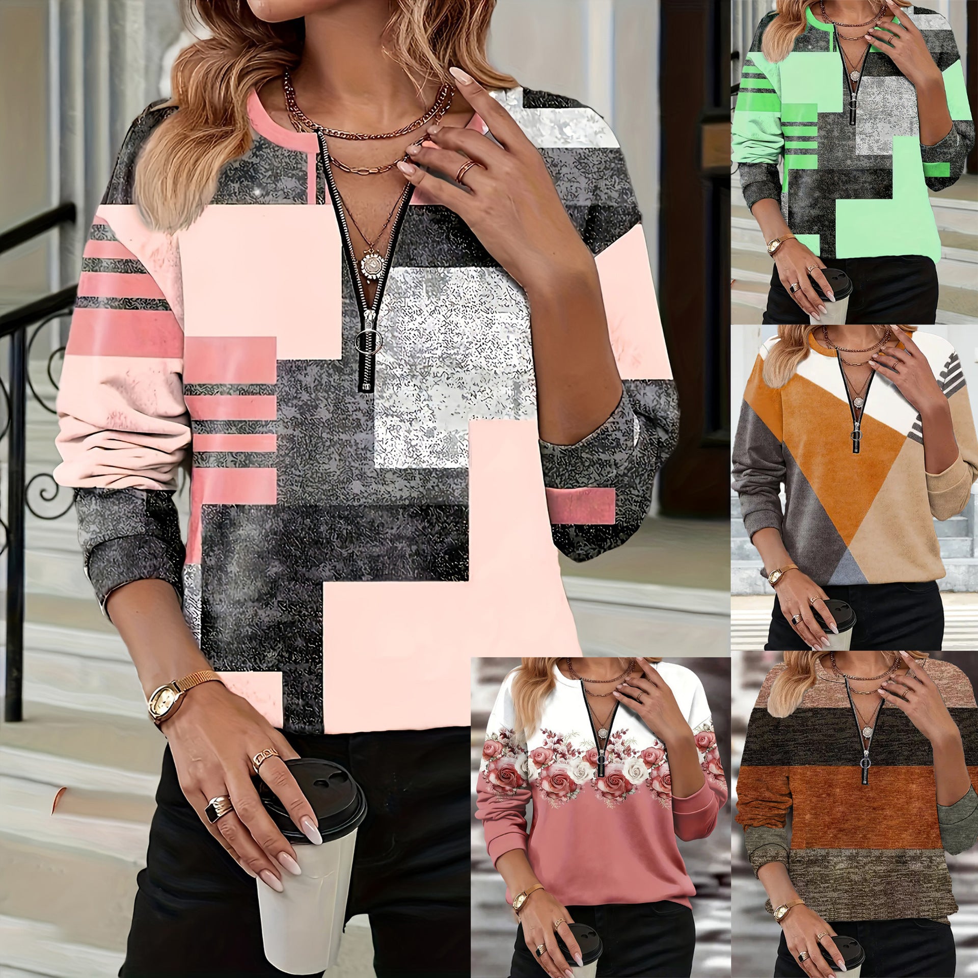 Crew neck half-zip casual irregular print polo shirt 486