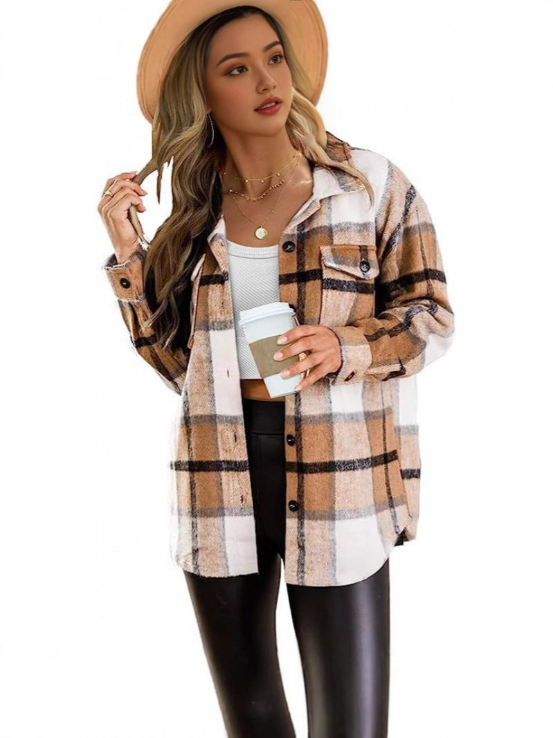 Autumn/Winter European and American Women's Clothing Large Pocket Shirt Casual Plaid Top Loose Long Sleeve INS Shirt 464