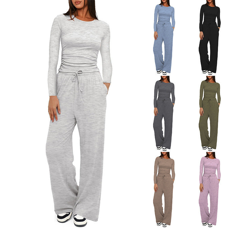 Solid color casual long-sleeved suit top and high-waisted wide-leg pants sportswear 451