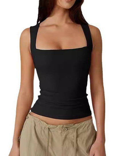 Women's Slim Fit Solid Color Vest Top with Square Neck 469