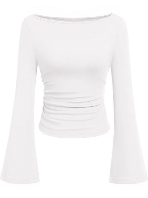 Solid color boat neck bell sleeve T-shirt for women 452
