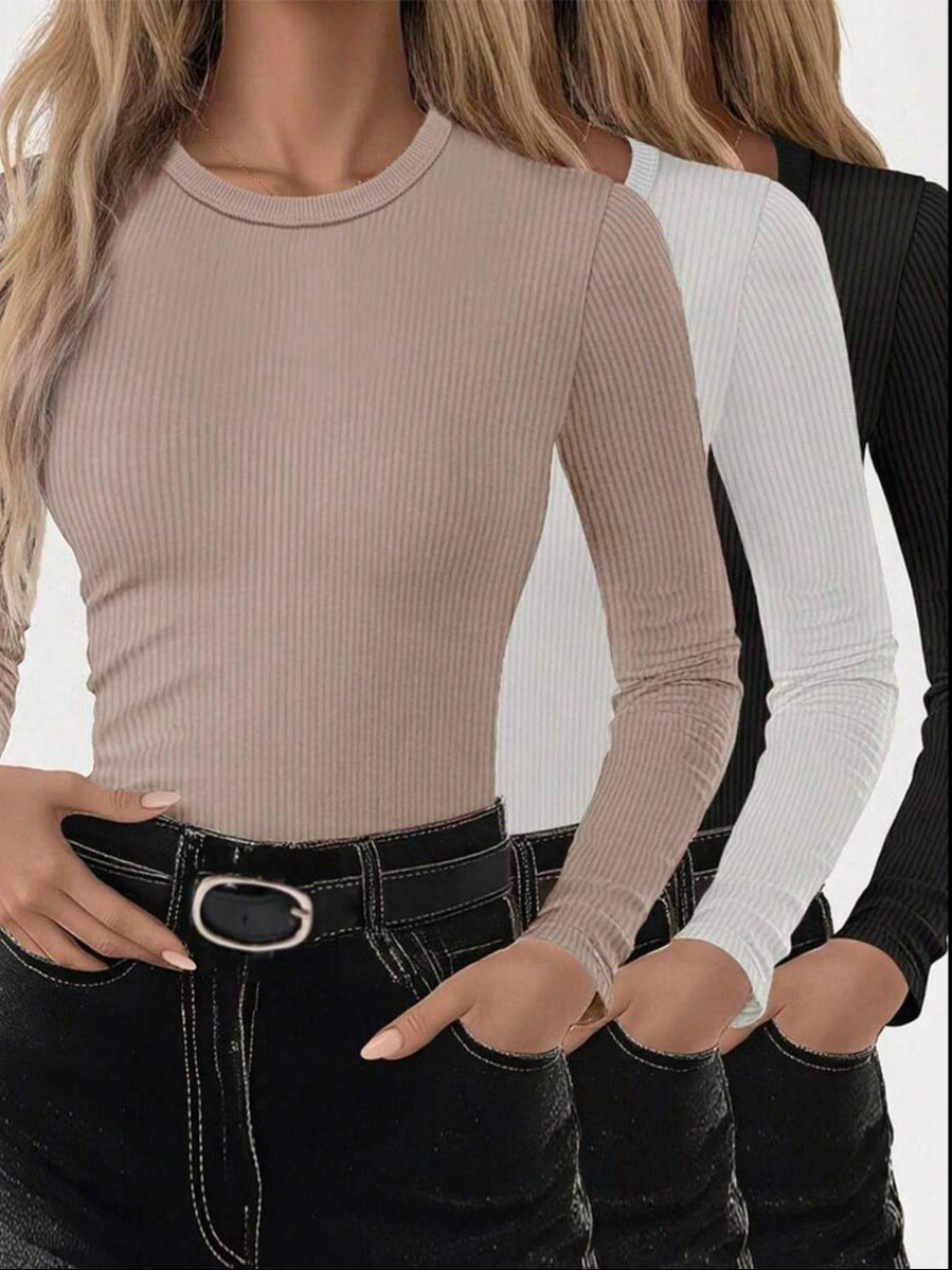 New trending sexy slim fit stretch round neck wide neck ribbed long sleeve fashion T-shirt 454