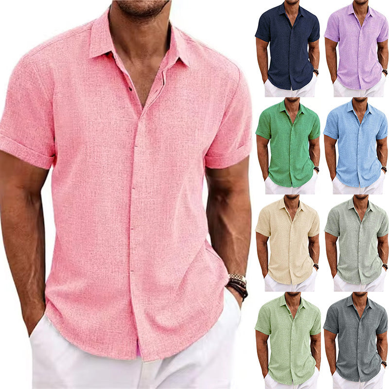 Men's linen short-sleeved T-shirt, loose fit, solid color, short-sleeved cotton and linen shirt 461