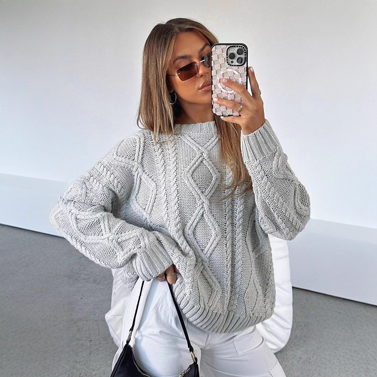 Stylish and comfortable silver-cornered knitted crew neck long-sleeved shirt 455