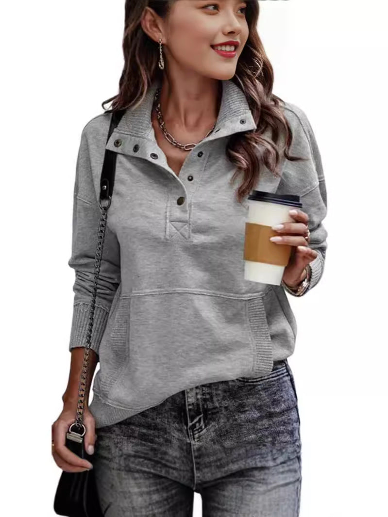 Autumn/Winter Solid Color Pocket Design Long Sleeve Button Fashion Street Style Women's Sweatshirt 477