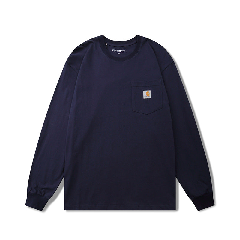 Classic style long-sleeved T-shirt with small logo pocket, trendy brand, unisex, couple's solid color base layer. 465
