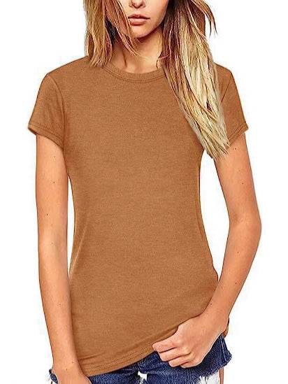 New Autumn Women's Solid Color Elastic Pullover Slim Fit Round Neck T-Shirt Short Sleeve 473