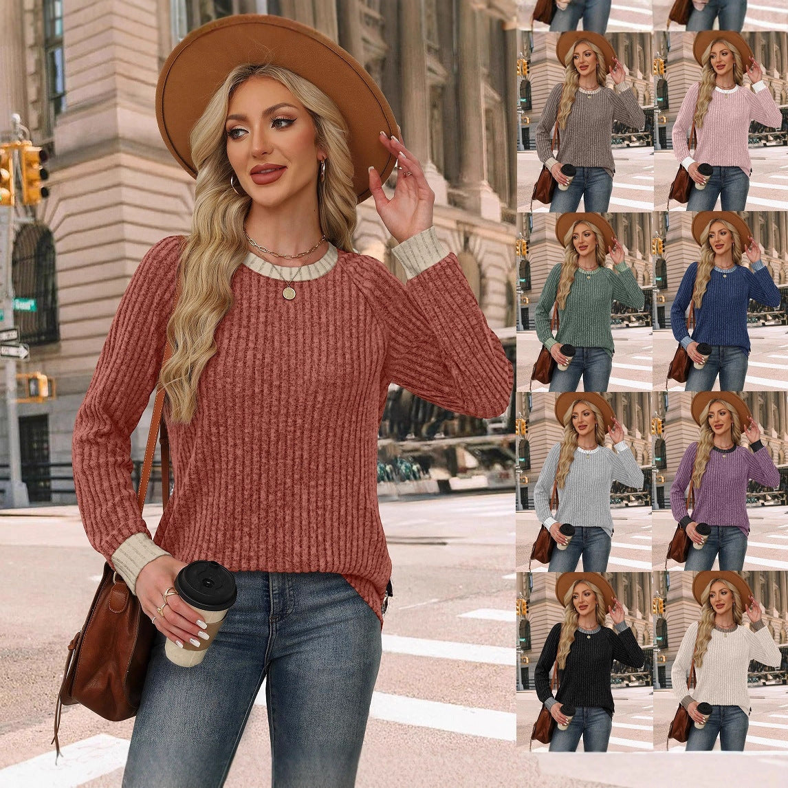 Women's ribbed brushed color-block casual round neck pullover long-sleeved top 456