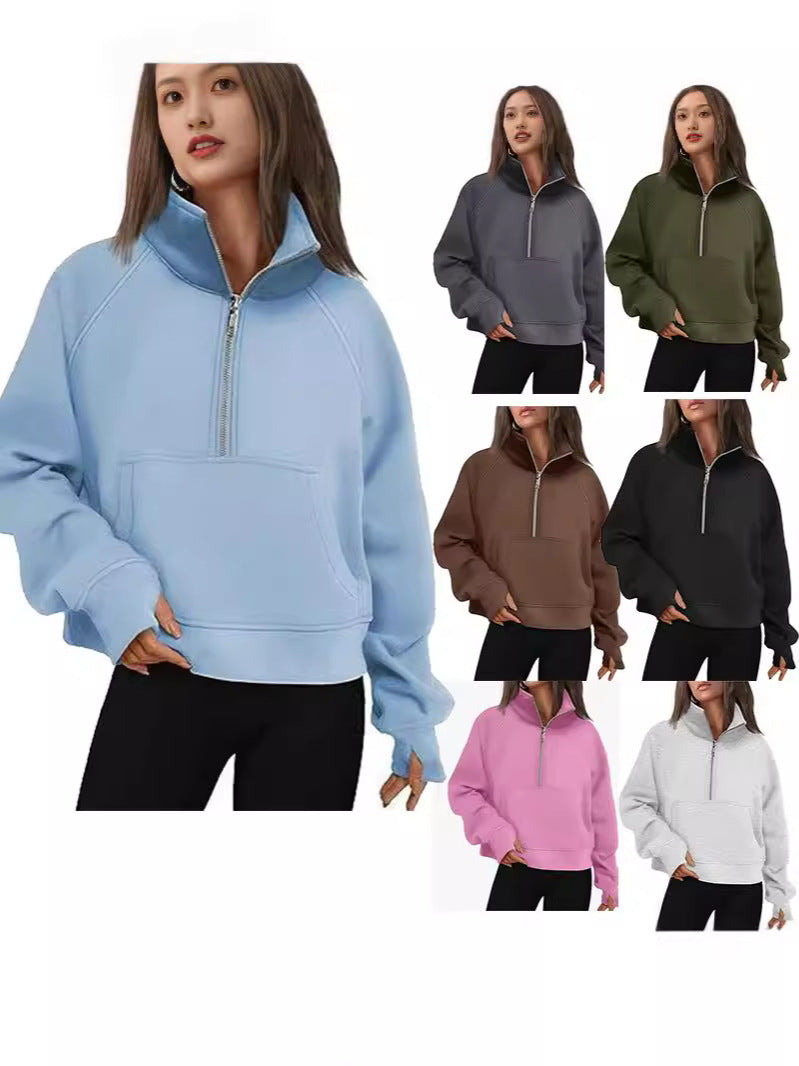 Women's Autumn/Winter Fleece Loose-fitting Jacket with Raglan Sleeves and Stand Collar Half-Zip Sweatshirt 453