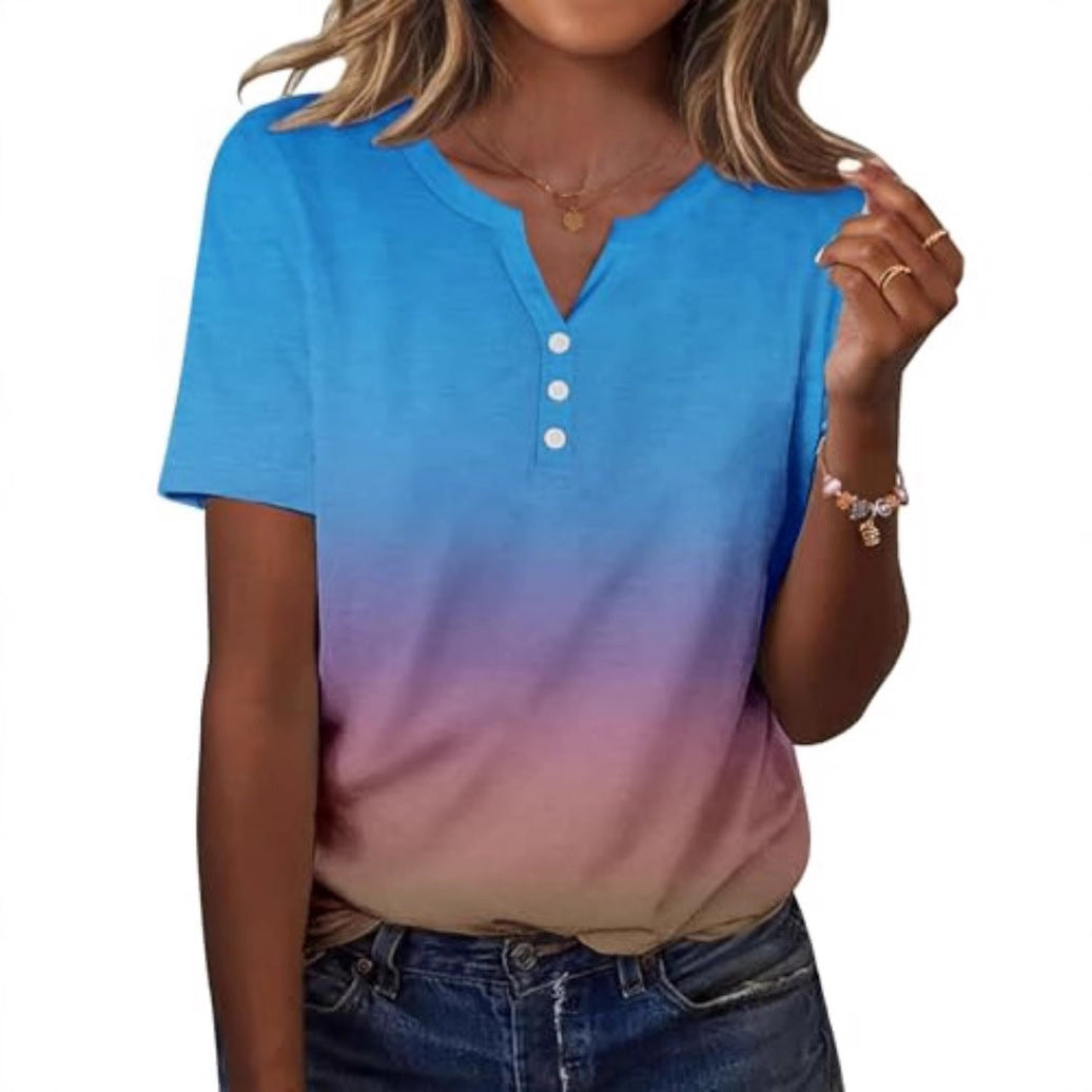 New fashionable, trendy, casual, versatile, high-quality short-sleeved button V-neck T-shirt 481