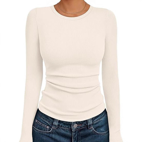 Women's Autumn New Round Neck Long Sleeve Sexy Slim Fit Solid Color T-shirt 466