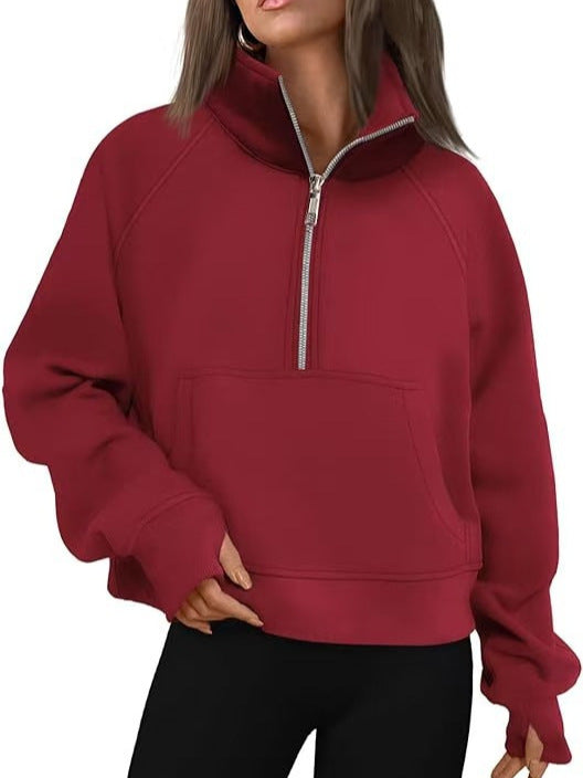Women's Autumn/Winter Fleece Loose-fitting Jacket with Raglan Sleeves and Stand Collar Half-Zip Sweatshirt 453