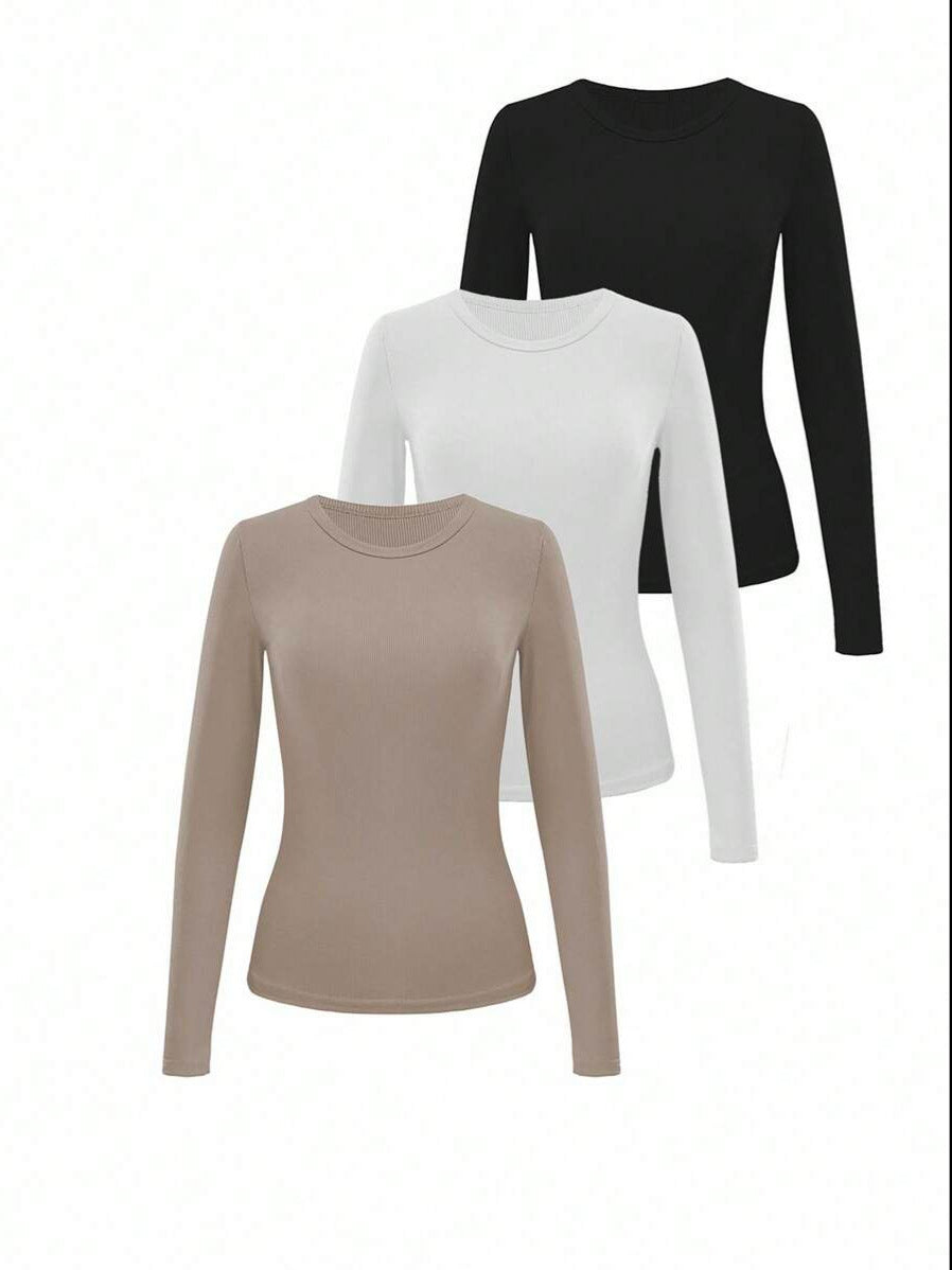New trending sexy slim fit stretch round neck wide neck ribbed long sleeve fashion T-shirt 454