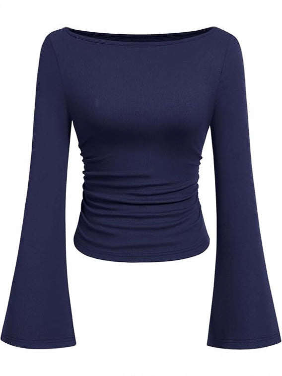 Solid color boat neck bell sleeve T-shirt for women 452