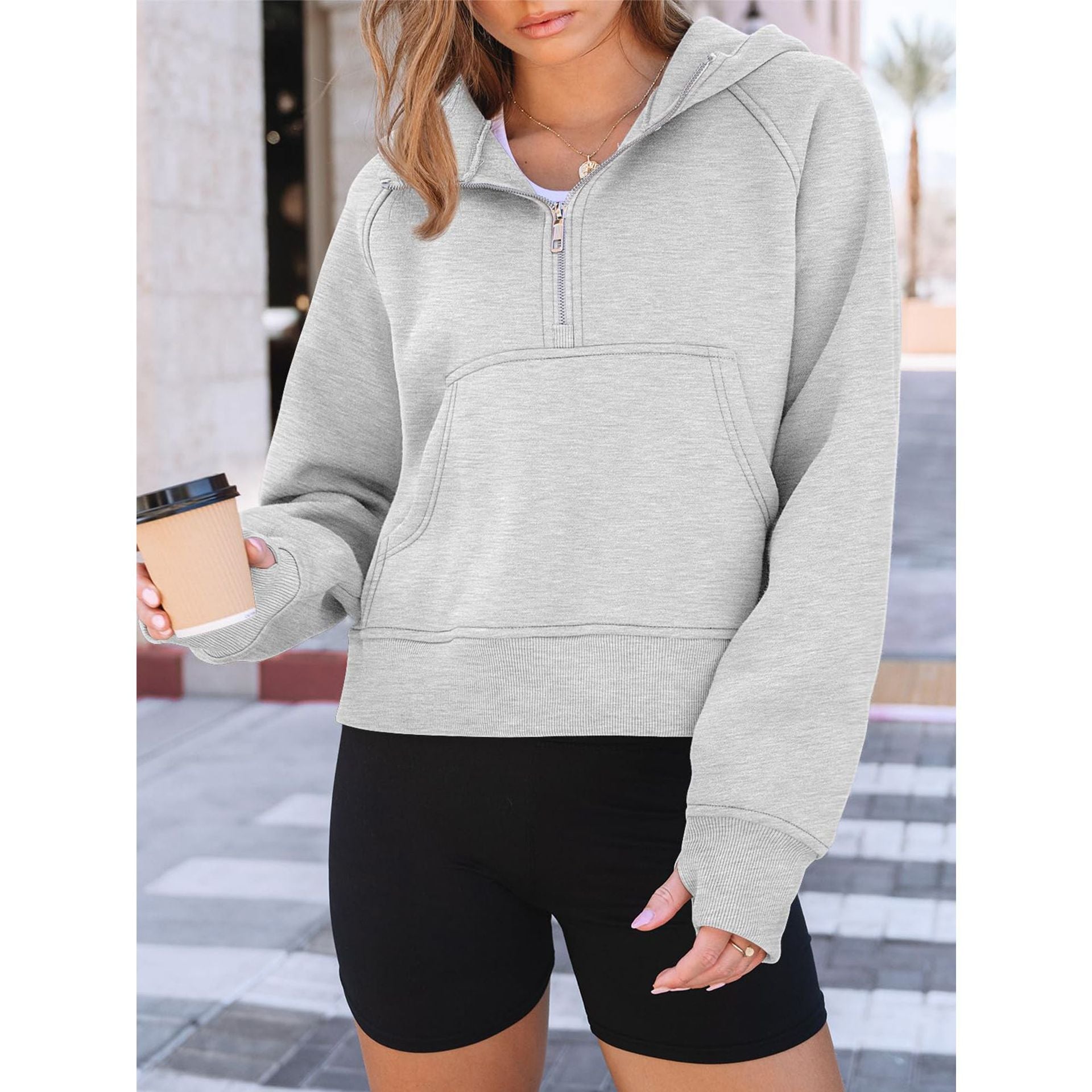 New Autumn/Winter Hooded Half-Zip Solid Color Casual Long-Sleeve Sweatshirt for Women 484