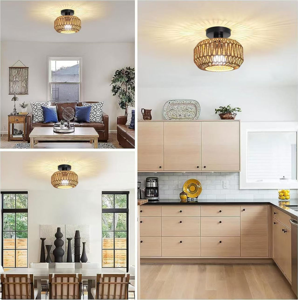 Countryside style double-headed American paper rattan woven ceiling light for bedroom 596