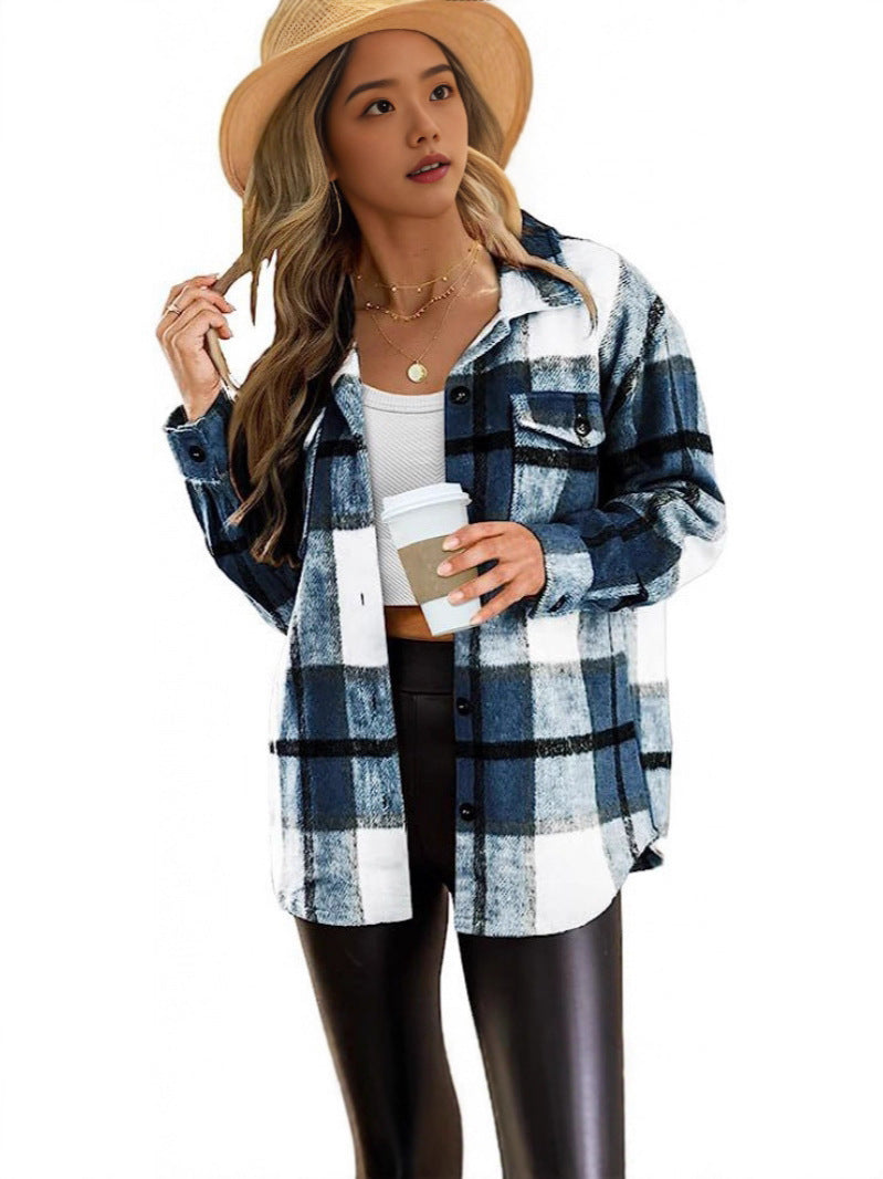 Autumn/Winter European and American Women's Clothing Large Pocket Shirt Casual Plaid Top Loose Long Sleeve INS Shirt 464