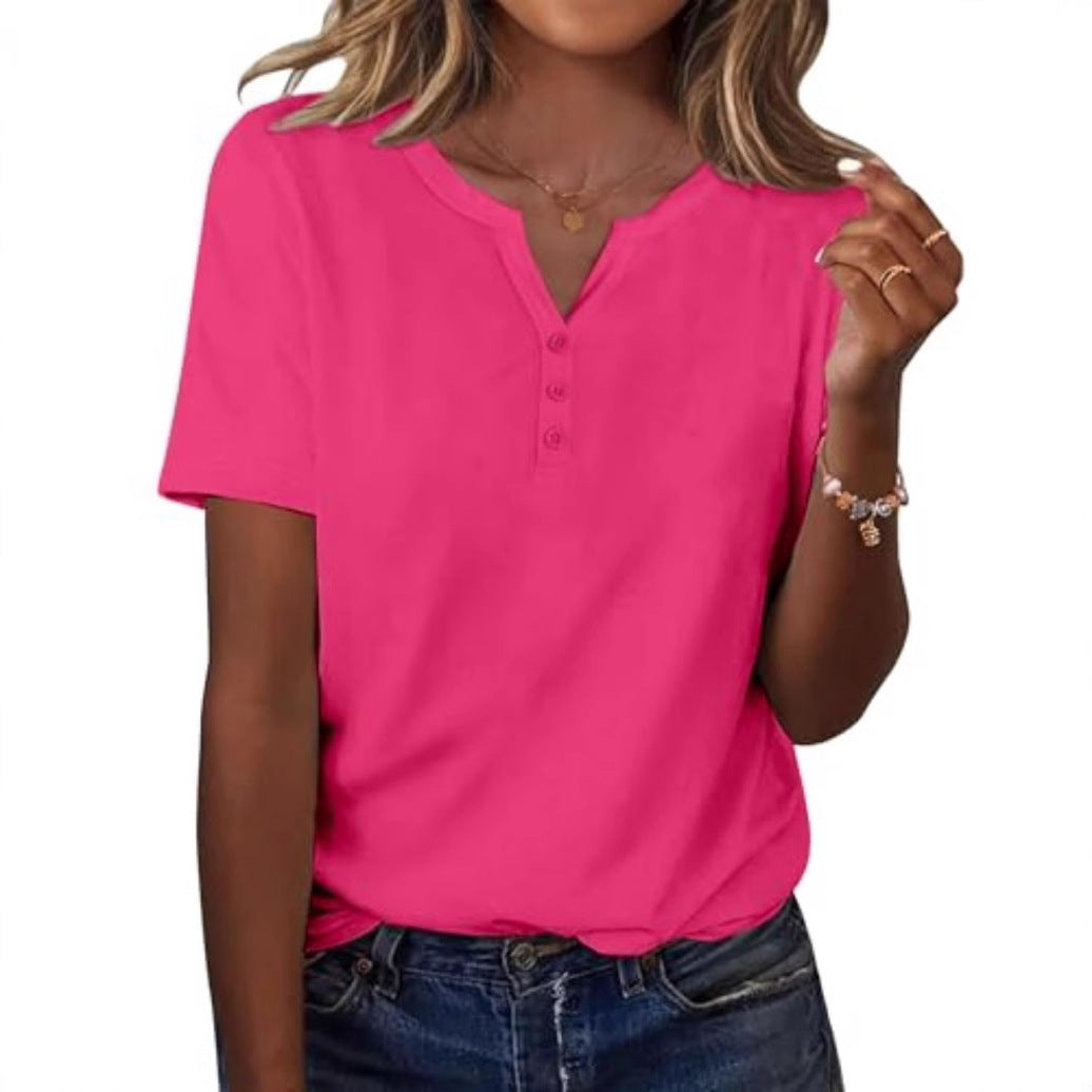 New fashionable, trendy, casual, versatile, high-quality short-sleeved button V-neck T-shirt 481