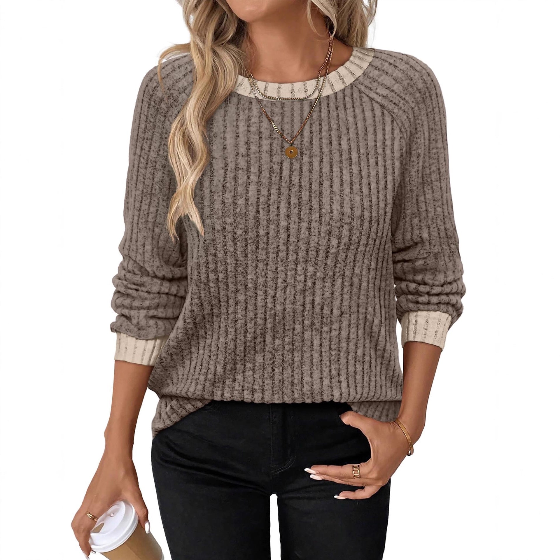 Women's ribbed brushed color-block casual round neck pullover long-sleeved top 456