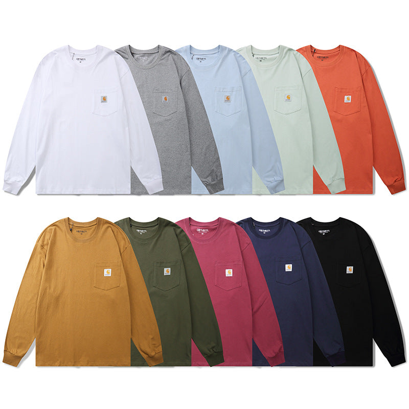 Classic style long-sleeved T-shirt with small logo pocket, trendy brand, unisex, couple's solid color base layer. 465
