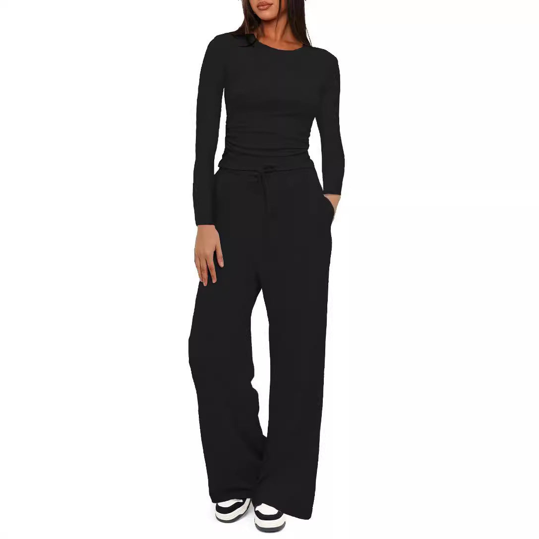 Solid color casual long-sleeved suit top and high-waisted wide-leg pants sportswear 451