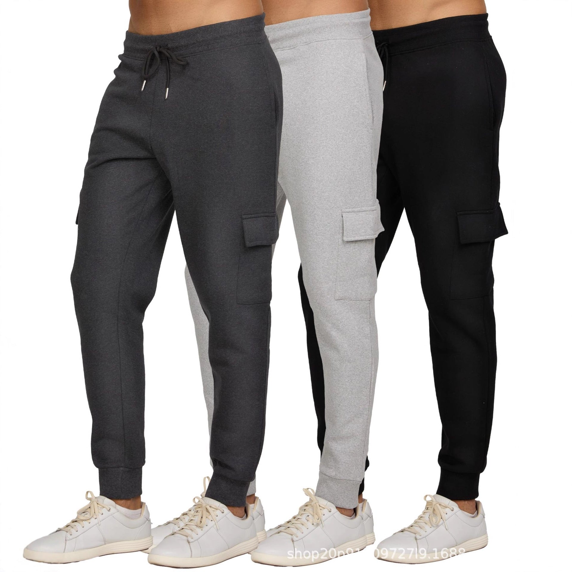Men's casual fitness trousers with fleece lining and tapered cuffs, sporty cargo pants, running trousers 470