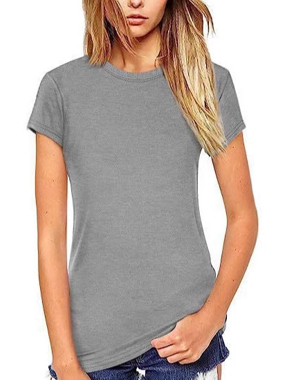New Autumn Women's Solid Color Elastic Pullover Slim Fit Round Neck T-Shirt Short Sleeve 473