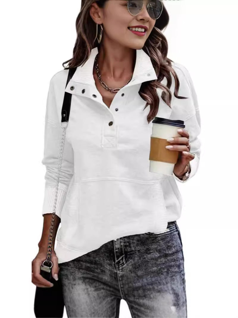 Autumn/Winter Solid Color Pocket Design Long Sleeve Button Fashion Street Style Women's Sweatshirt 477