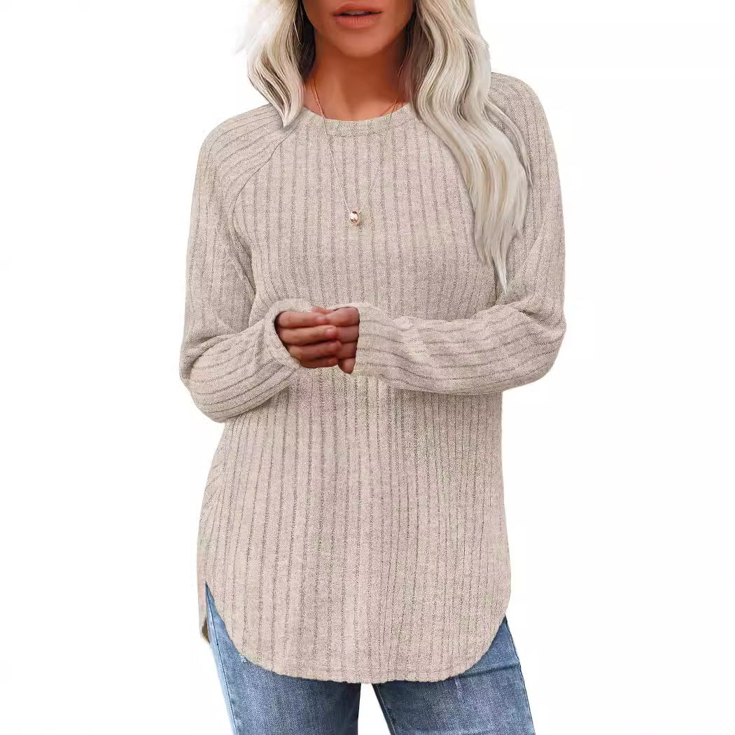 Women's 2025 Autumn Long-Sleeved New Loose Round Neck High and Low Curved Hem 460