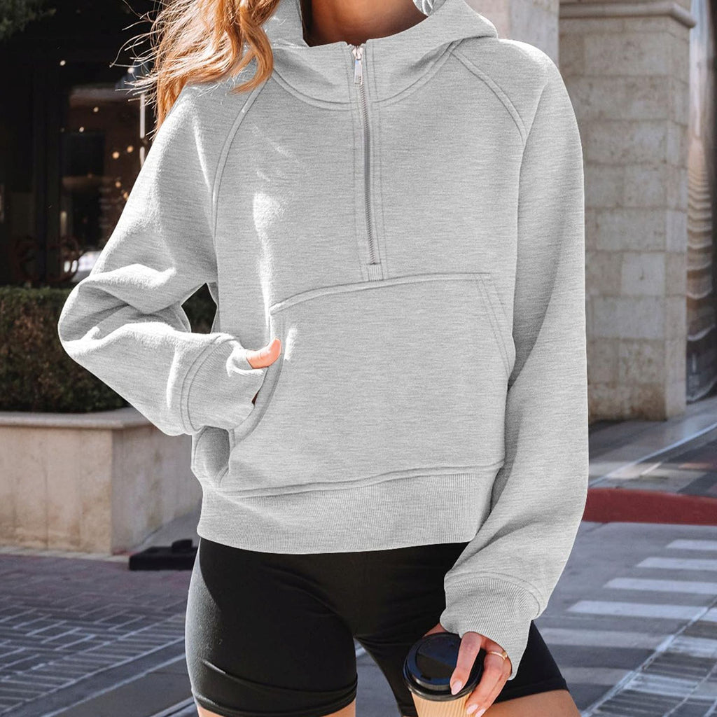 New Autumn/Winter Hooded Half-Zip Solid Color Casual Long-Sleeve Sweatshirt for Women 484