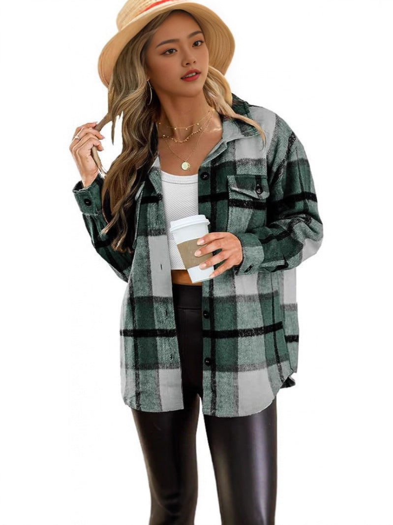 Autumn/Winter European and American Women's Clothing Large Pocket Shirt Casual Plaid Top Loose Long Sleeve INS Shirt 464