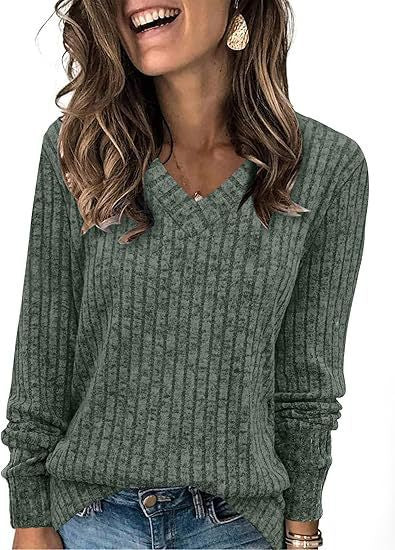 Women's Long-Sleeved V-Neck Ribbed Brushed Knit Top/T-Shirt 483