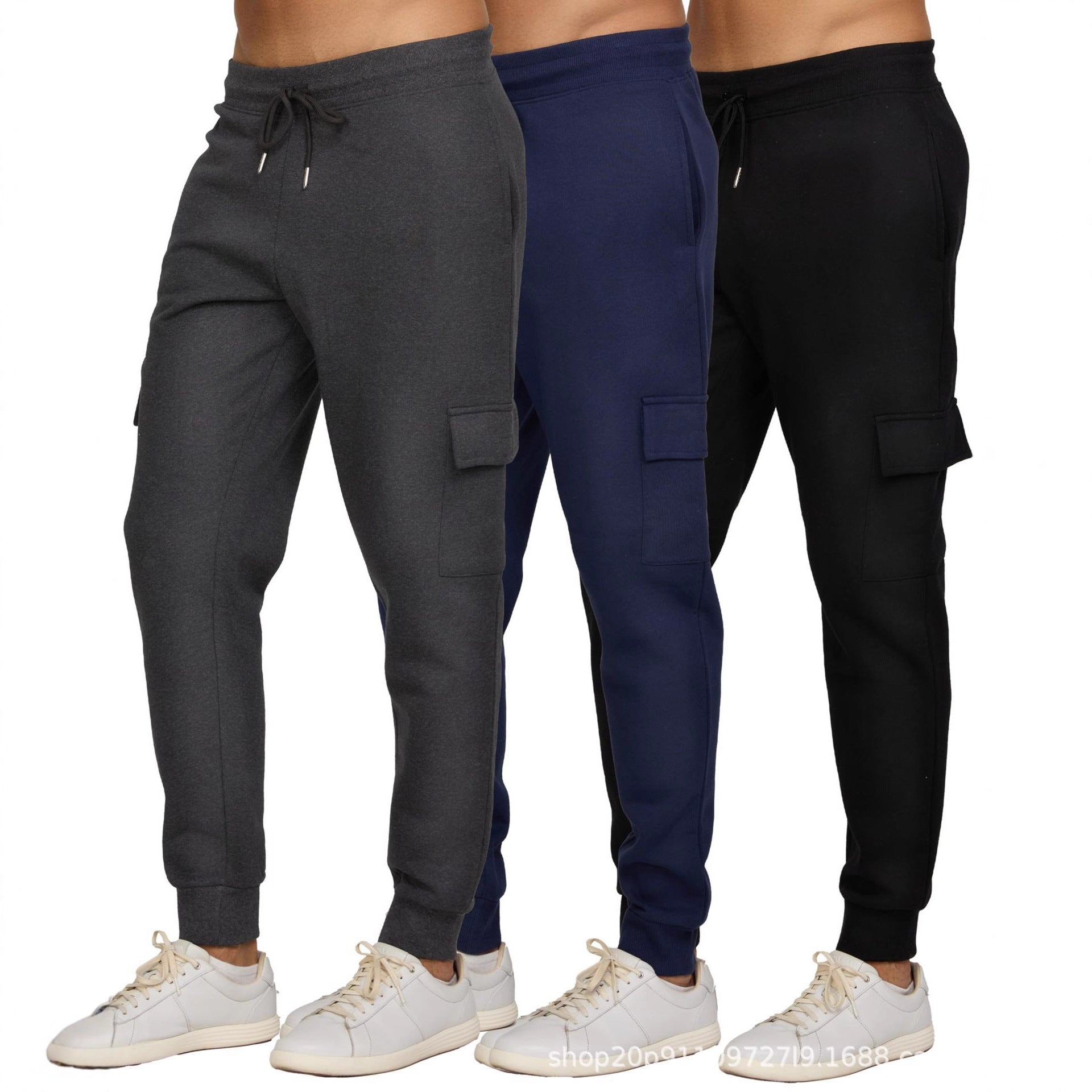 Men's casual fitness trousers with fleece lining and tapered cuffs, sporty cargo pants, running trousers 470