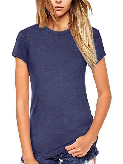 New Autumn Women's Solid Color Elastic Pullover Slim Fit Round Neck T-Shirt Short Sleeve 473