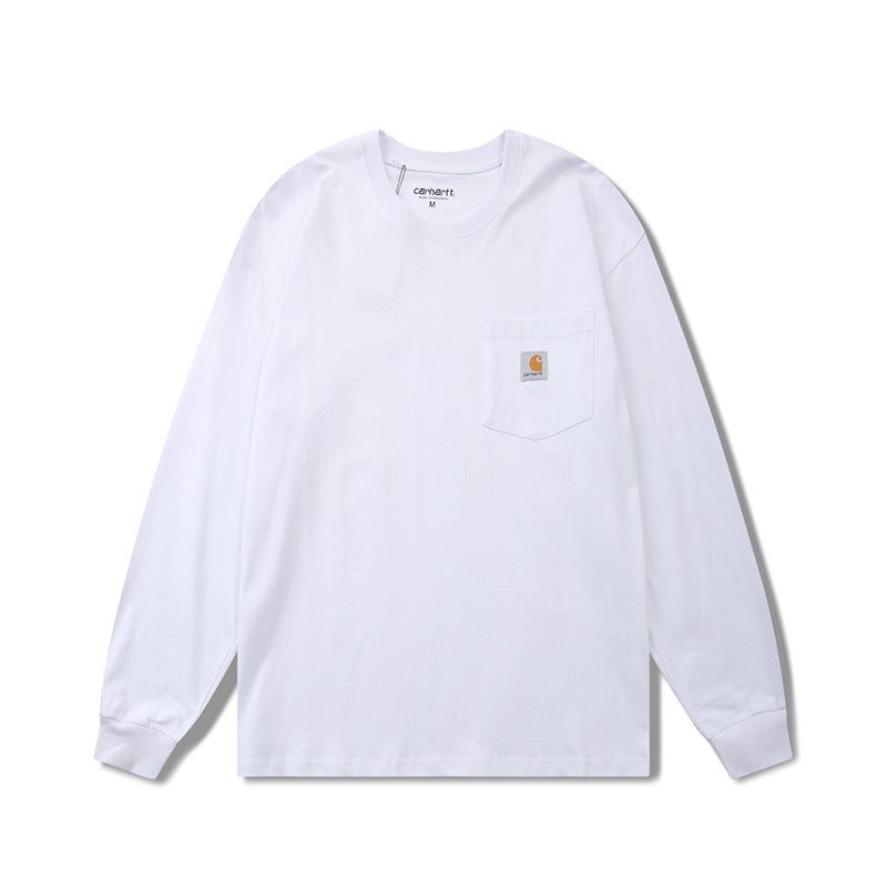 Classic style long-sleeved T-shirt with small logo pocket, trendy brand, unisex, couple's solid color base layer. 465