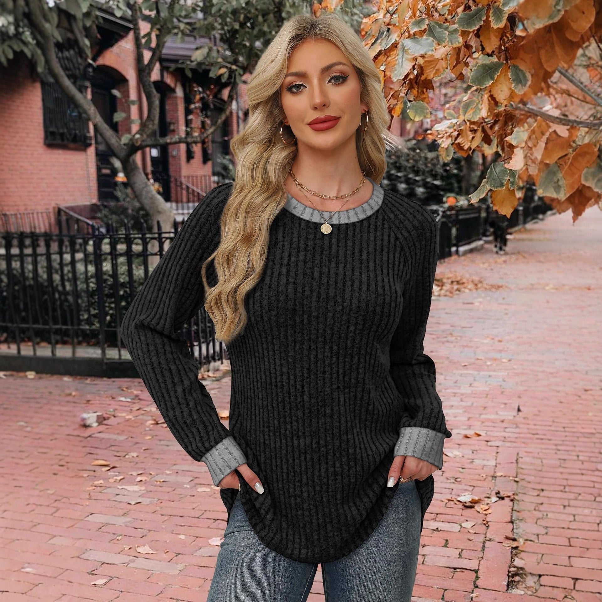 Women's ribbed brushed color-block casual round neck pullover long-sleeved top 456