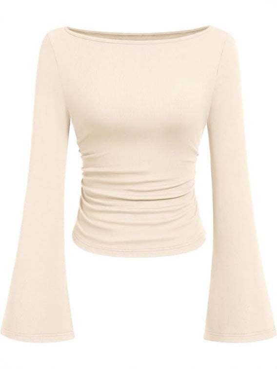 Solid color boat neck bell sleeve T-shirt for women 452