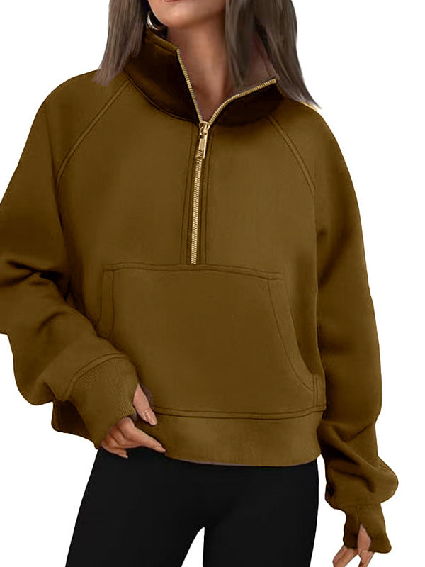 Women's Autumn/Winter Fleece Loose-fitting Jacket with Raglan Sleeves and Stand Collar Half-Zip Sweatshirt 453