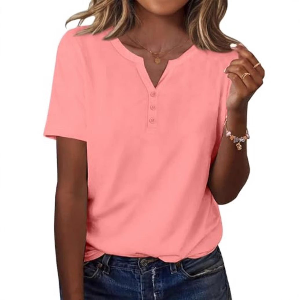 New fashionable, trendy, casual, versatile, high-quality short-sleeved button V-neck T-shirt 481
