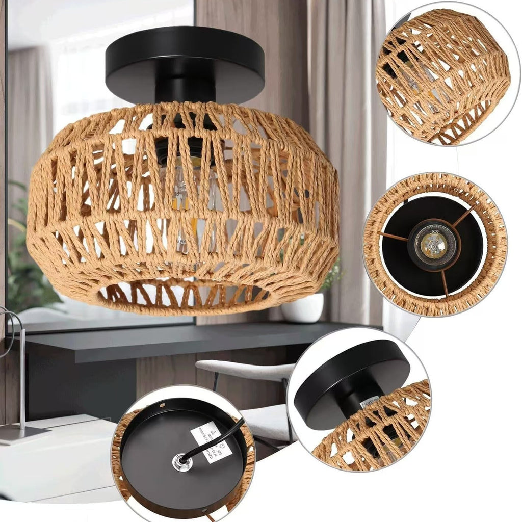 Countryside style double-headed American paper rattan woven ceiling light for bedroom 596