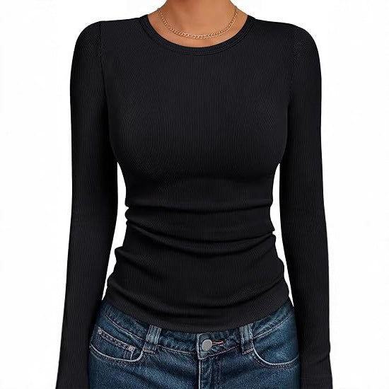 Women's Autumn New Round Neck Long Sleeve Sexy Slim Fit Solid Color T-shirt 466
