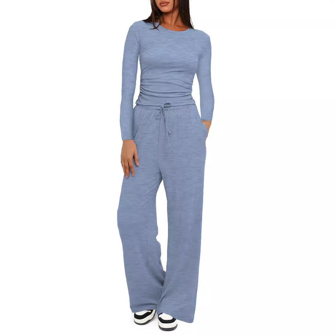 Solid color casual long-sleeved suit top and high-waisted wide-leg pants sportswear 451