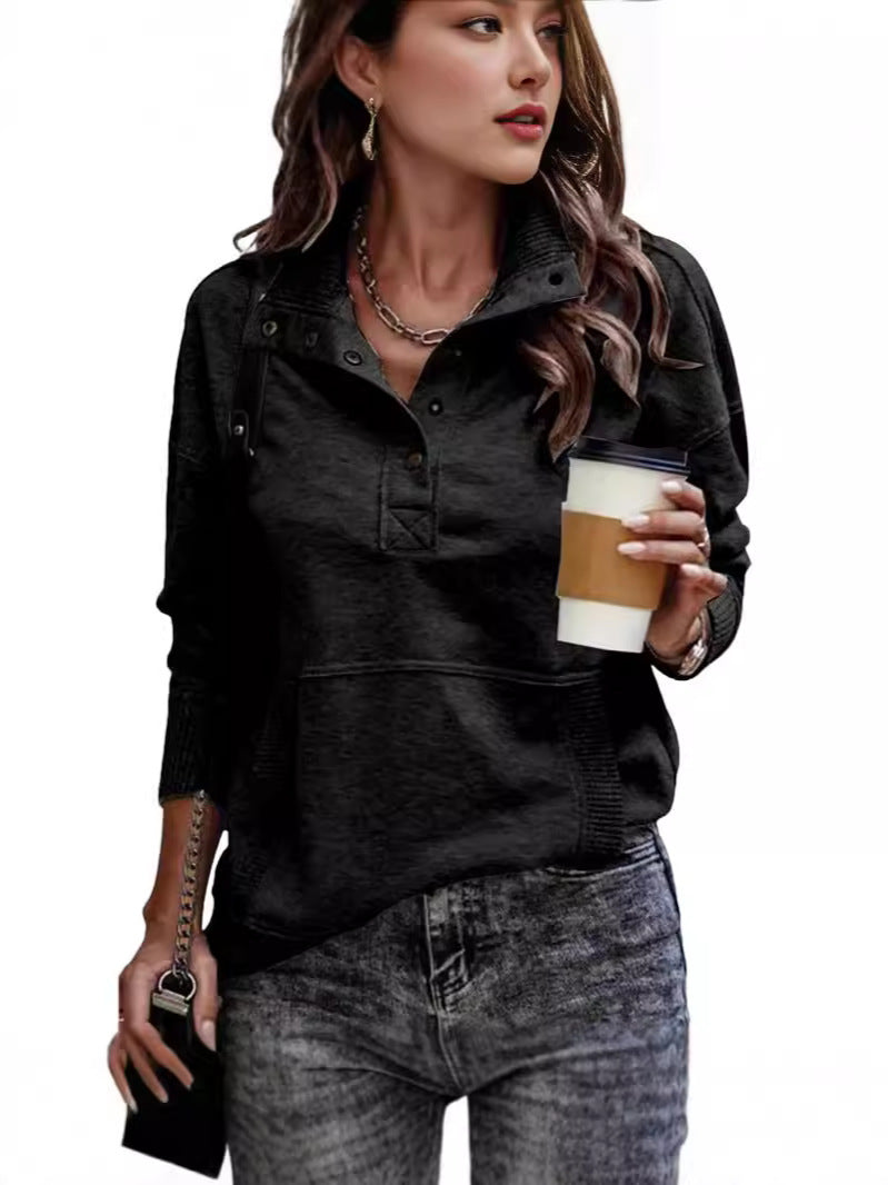 Autumn/Winter Solid Color Pocket Design Long Sleeve Button Fashion Street Style Women's Sweatshirt 477