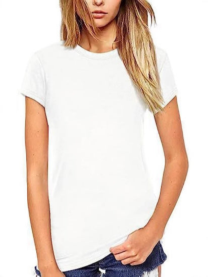 New Autumn Women's Solid Color Elastic Pullover Slim Fit Round Neck T-Shirt Short Sleeve 473