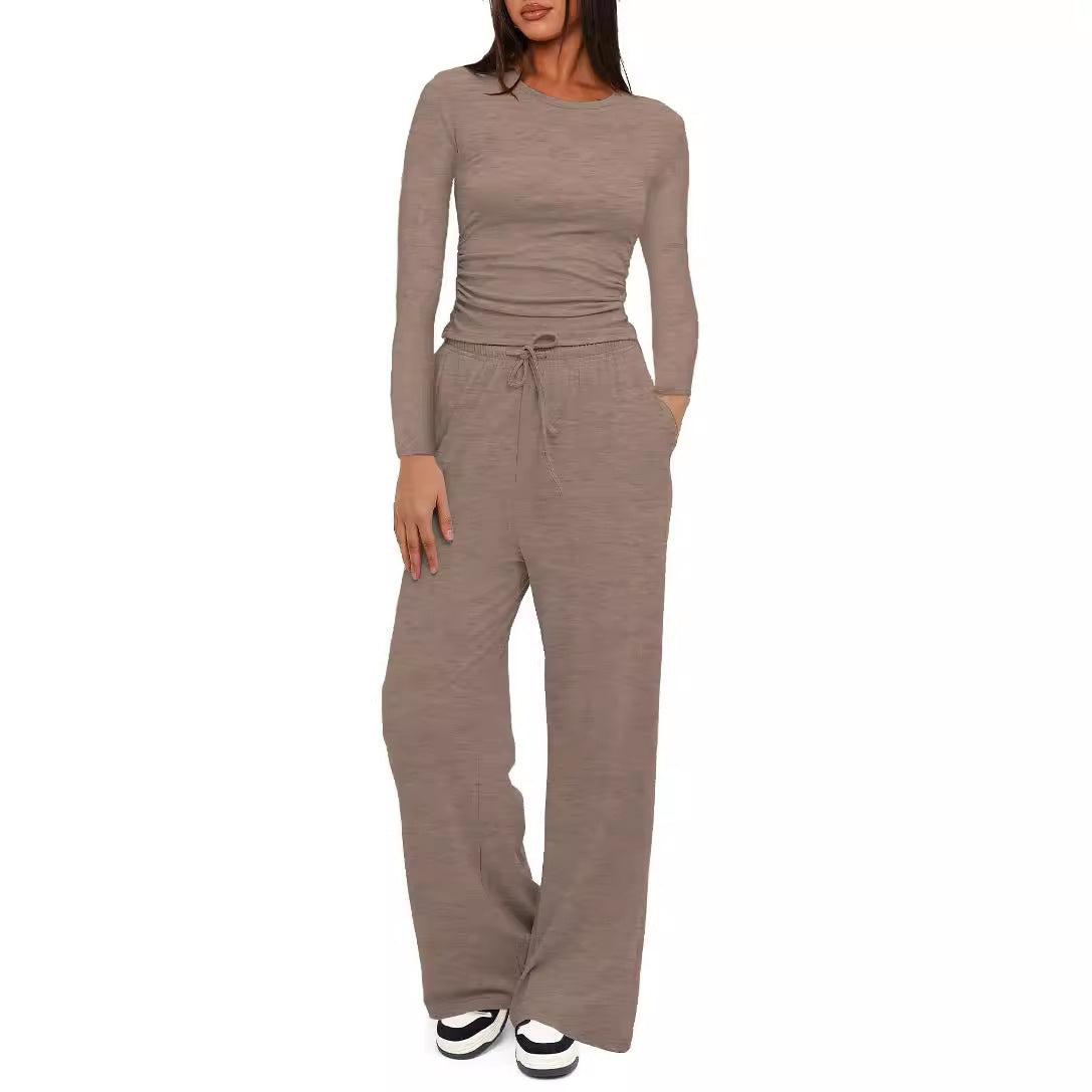 Solid color casual long-sleeved suit top and high-waisted wide-leg pants sportswear 451