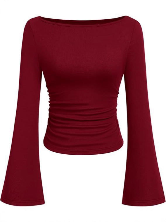 Solid color boat neck bell sleeve T-shirt for women 452