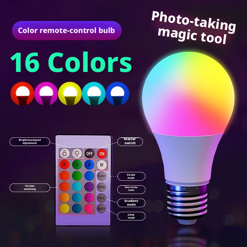 A60 Colorful RGB Light Bulb 16 Color LED Remote Control Light Bulb Internet Celebrity Live Room Dimming Atmosphere Light Bulb 542