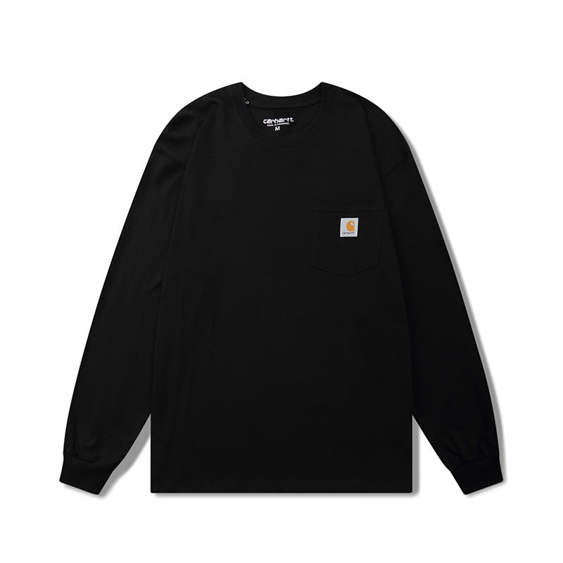 Classic style long-sleeved T-shirt with small logo pocket, trendy brand, unisex, couple's solid color base layer. 465