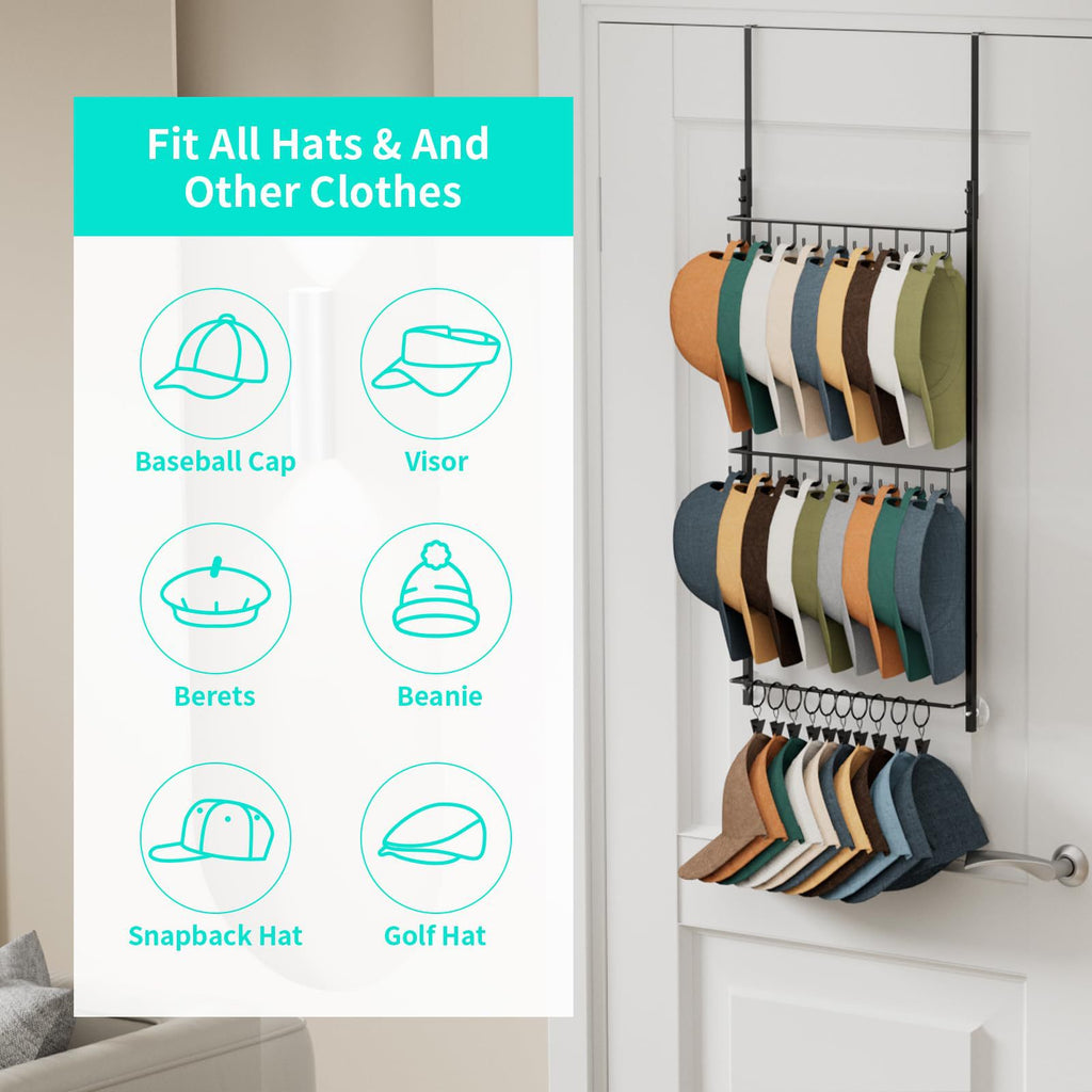 Behind-the-door tie and hat rack, wall-mounted hat rack, baseball cap storage rack, three-tier with clips 605